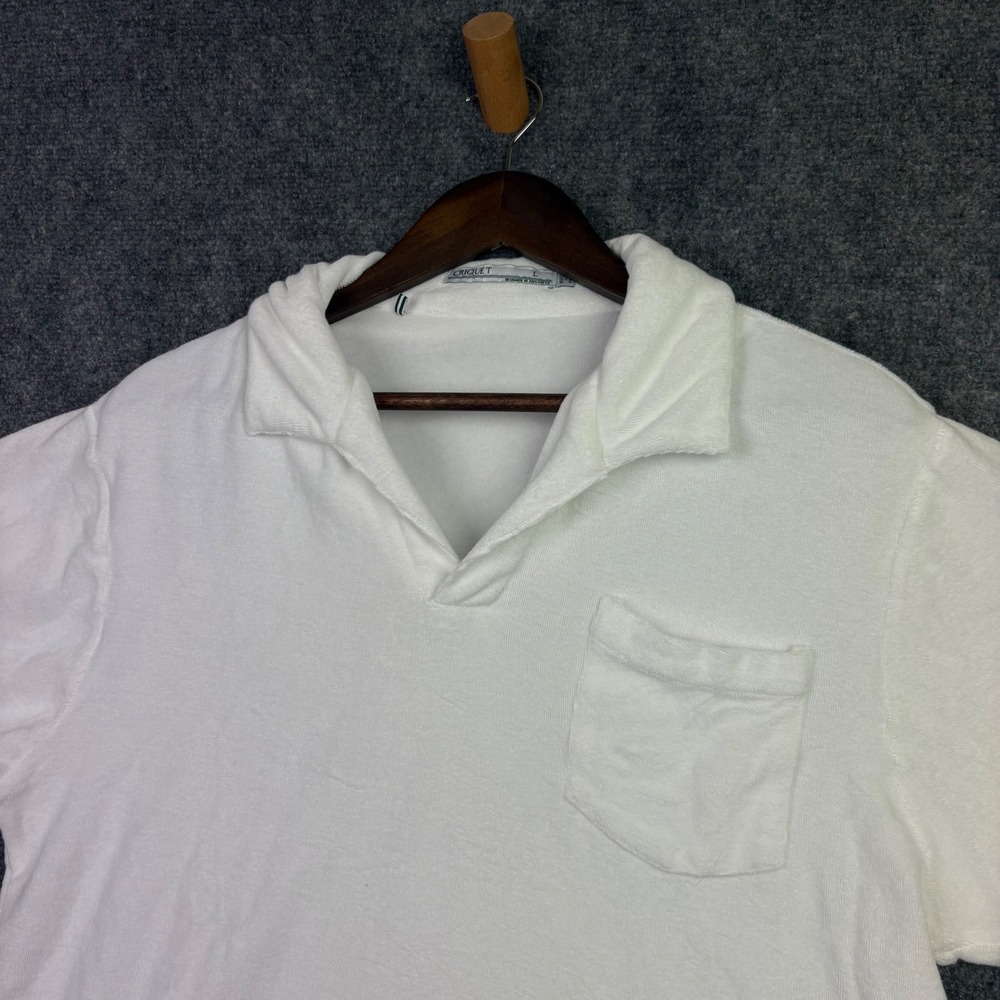 Criquet Terry Cloth Polo Shirt Mens Large White Johnny Collar Pocket Casual 0607